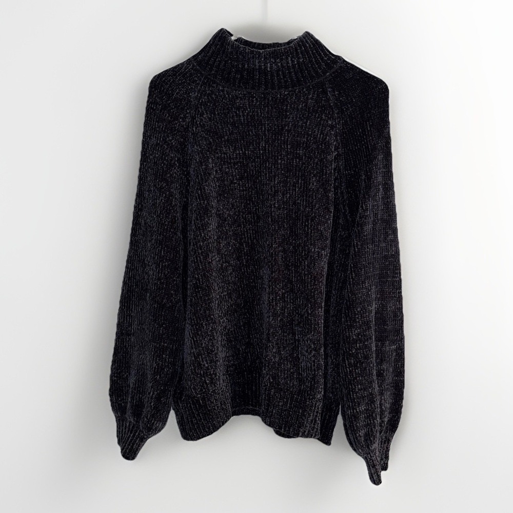 NWT Ann Taylor LOFT Black/Grey Chenille Mock Neck Sweater Size Large